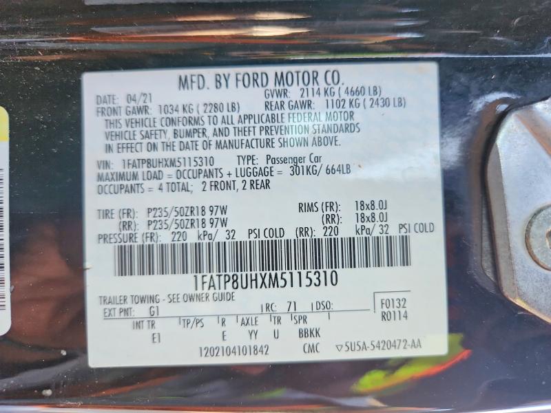 2021 Ford Mustang მანქანა იყიდება აუქციონზე, vin: 1FATP8UHXM5115310, აუქციონის ნომერი: 56528946