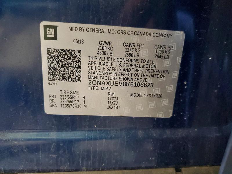 Aukcja sprzedaży 2019 Chevrolet Equinox, vin: 2GNAXUEV8K6108623, numer aukcji: 57634796