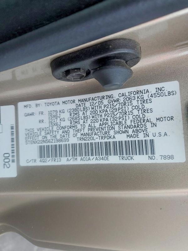 2006 Toyota Tacoma მანქანა იყიდება აუქციონზე, vin: 5TENX22N56Z198699, აუქციონის ნომერი: 55730226
