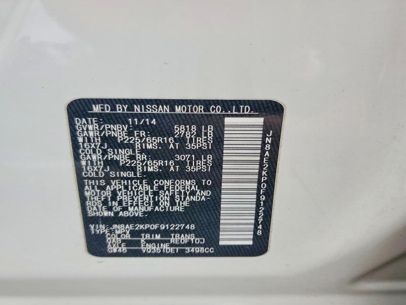 57663686 :رقم المزاد ، JN8AE2KP0F9122748 vin ، 2015 Nissan Quest مزاد بيع