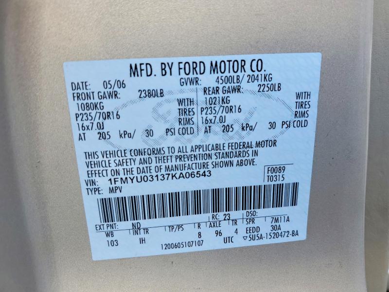 2007 Ford Escape მანქანა იყიდება აუქციონზე, vin: 1FMYU03137KA06543, აუქციონის ნომერი: 56290266