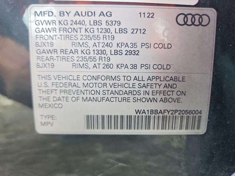 2023 Audi Q5 მანქანა იყიდება აუქციონზე, vin: WA1BBAFY2P2056004, აუქციონის ნომერი: 57406086