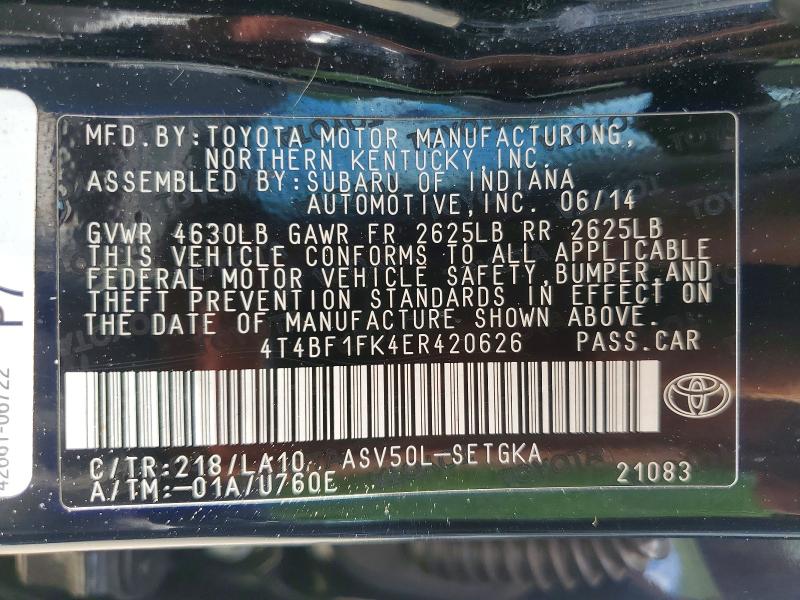 57212406 :رقم المزاد ، 4T4BF1FK4ER420626 vin ، 2014 Toyota Camry مزاد بيع