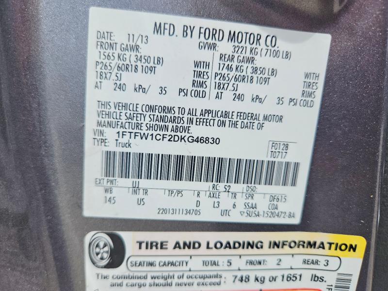 56242616 :رقم المزاد ، 1FTFW1CF2DKG46830 vin ، 2013 Ford F150 مزاد بيع