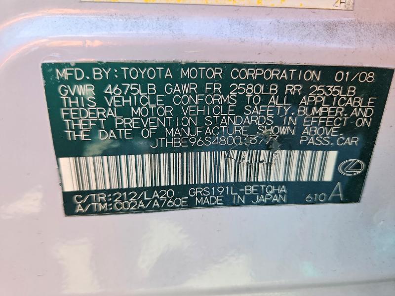 55721196 :رقم المزاد ، JTHBE96S480033777 vin ، 2008 Lexus Gs مزاد بيع