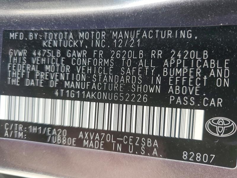 58712556 :رقم المزاد ، 4T1G11AK0NU652226 vin ، 2022 Toyota Camry مزاد بيع