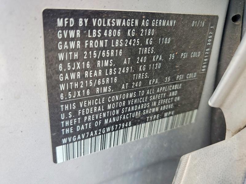 Продаж на аукціоні авто 2016 Volkswagen Tiguan, vin: WVGAV7AX2GW577948, номер лоту: 58763596