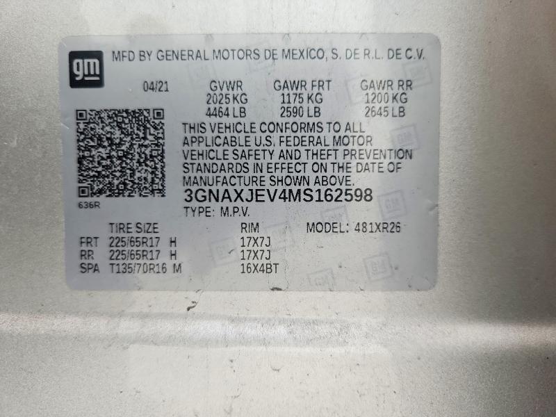 Продажа на аукционе авто 2021 Chevrolet Equinox, vin: 3GNAXJEV4MS162598, номер лота: 54723966