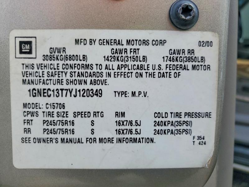 55709346 :رقم المزاد ، 1GNEC13T7YJ120349 vin ، 2000 Chevrolet Tahoe مزاد بيع