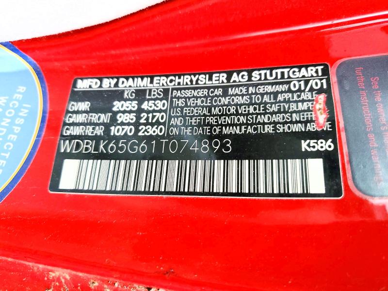 2001 Mercedes-benz Clk მანქანა იყიდება აუქციონზე, vin: WDBLK65G61T074893, აუქციონის ნომერი: 57543916