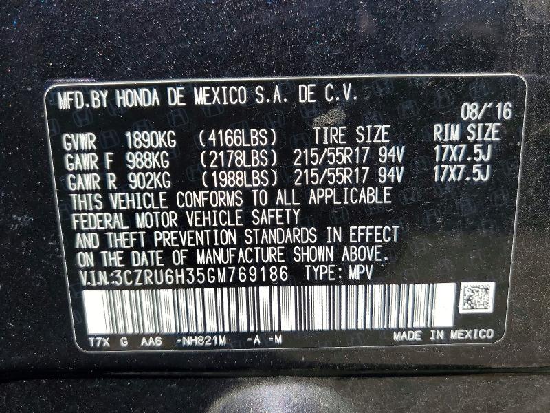 56690606 :رقم المزاد ، 3CZRU6H35GM769186 vin ، 2016 Honda Hr-v مزاد بيع