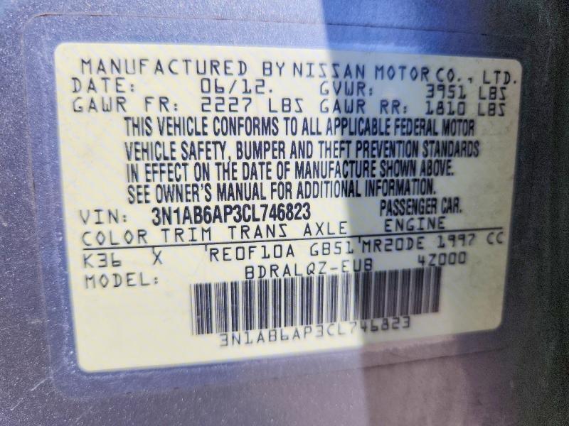2012 Nissan Sentra მანქანა იყიდება აუქციონზე, vin: 3N1AB6AP3CL746823, აუქციონის ნომერი: 58599766