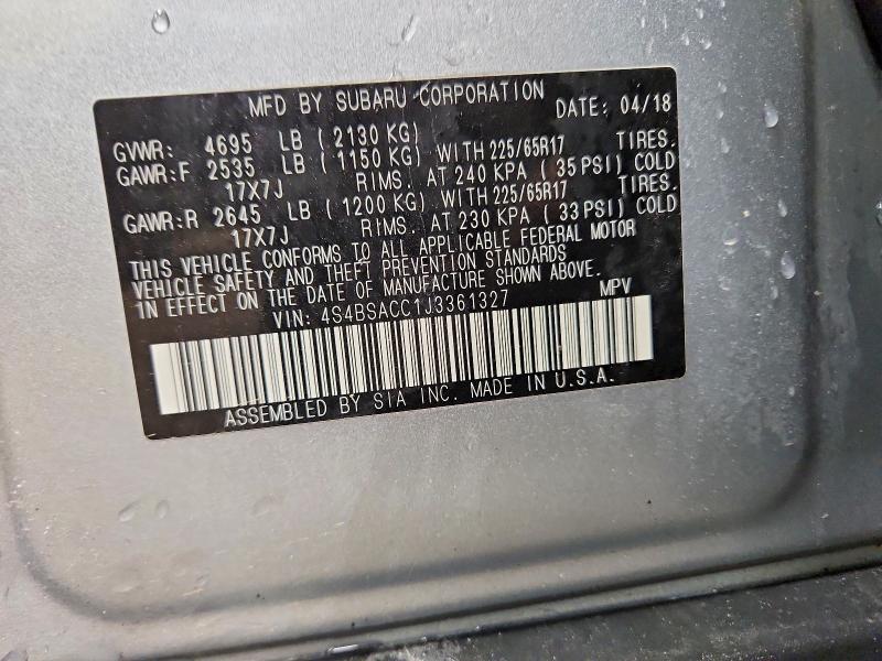 53450366 :رقم المزاد ، 4S4BSACC1J3361327 vin ، 2018 Subaru Outback مزاد بيع
