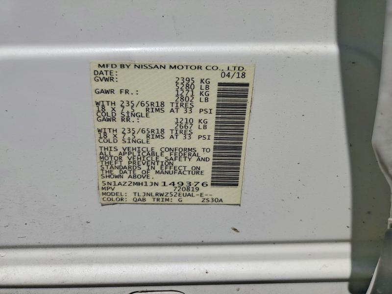 Aukcja sprzedaży 2018 Nissan Murano, vin: 5N1AZ2MH1JN149376, numer aukcji: 58201826