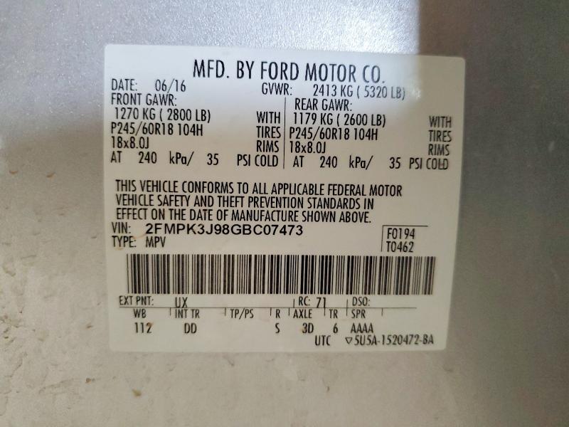 57157766 :رقم المزاد ، 2FMPK3J98GBC07473 vin ، 2016 Ford Edge مزاد بيع