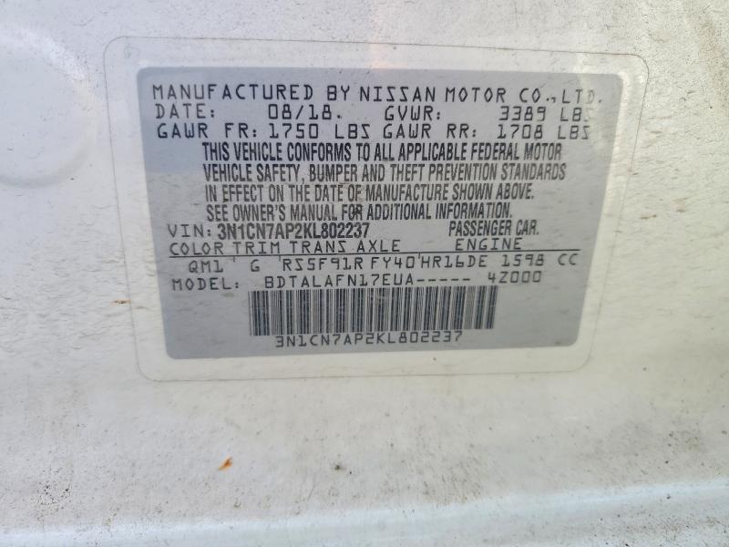 Продажа на аукционе авто 2019 Nissan Versa, vin: 3N1CN7AP2KL802237, номер лота: 57725766