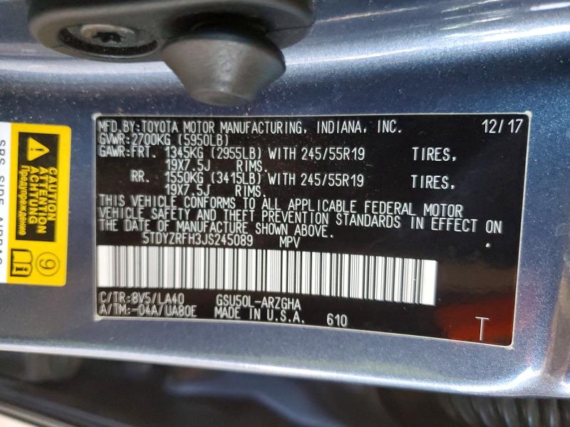 Aukcja sprzedaży 2018 Toyota Highlander, vin: 5TDYZRFH3JS245089, numer aukcji: 55956116