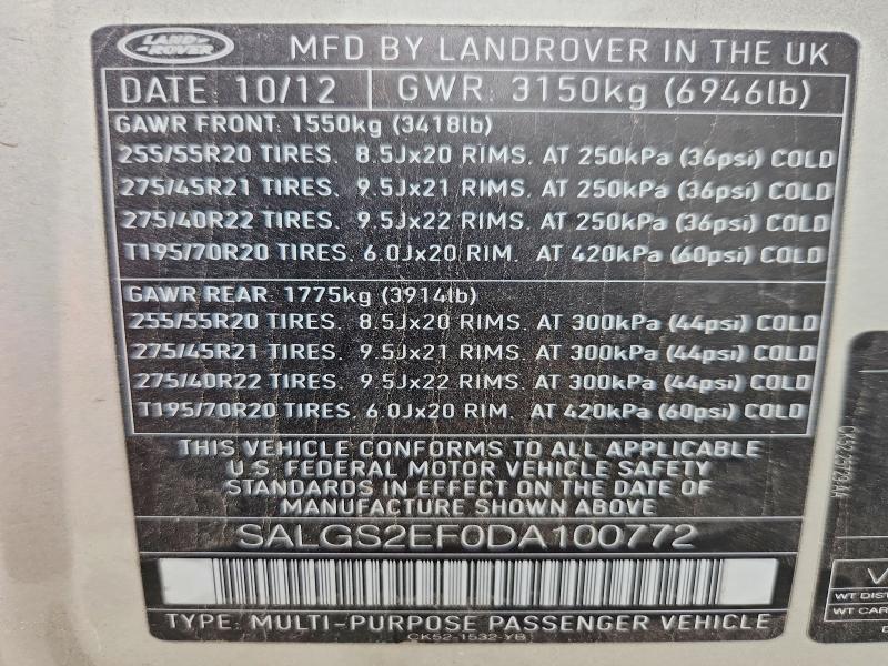 Aukcja sprzedaży 2013 Land Rover Range Rover, vin: SALGS2EF0DA100772, numer aukcji: 85613665