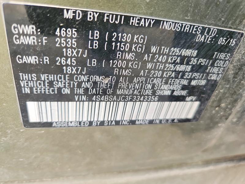 2015 Subaru Outback მანქანა იყიდება აუქციონზე, vin: 4S4BSAJC3F3343356, აუქციონის ნომერი: 58436416