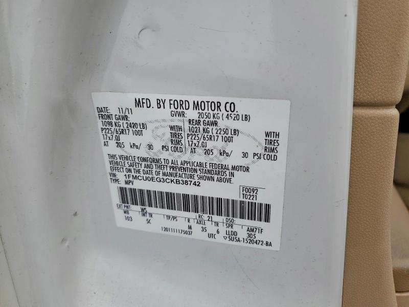 56129656 :رقم المزاد ، 1FMCU0EG3CKB38742 vin ، 2012 Ford Escape مزاد بيع