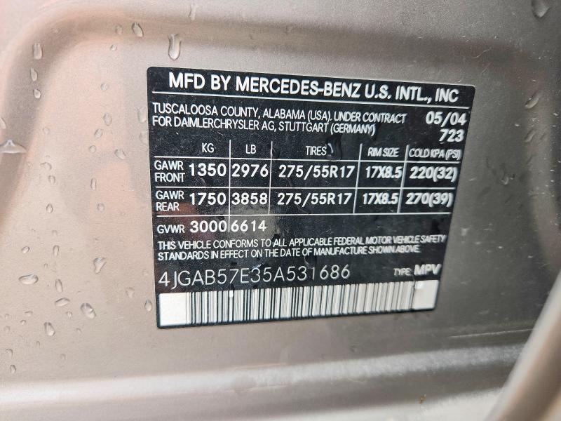 2005 Mercedes-benz Ml მანქანა იყიდება აუქციონზე, vin: 4JGAB57E35A531686, აუქციონის ნომერი: 58789826