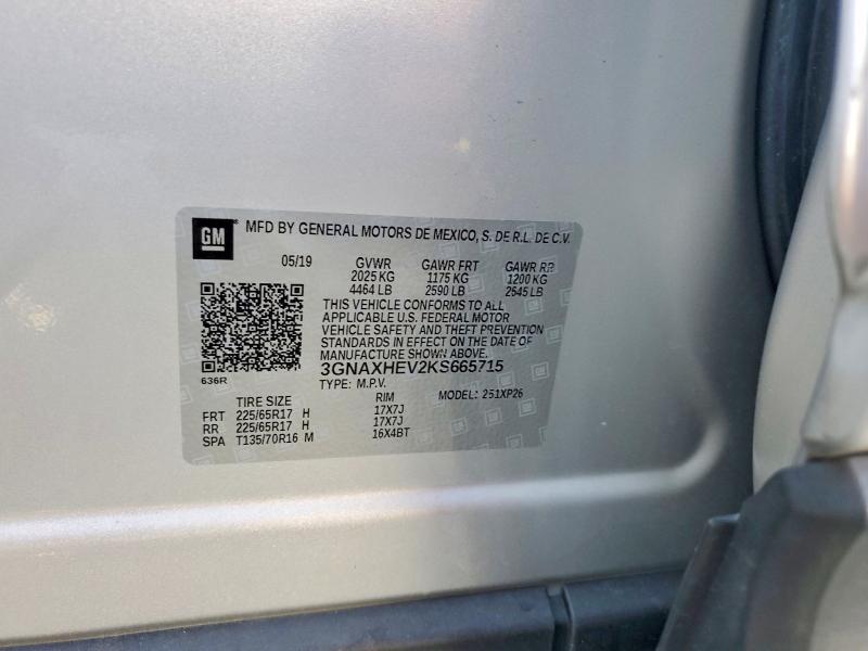 56615476 :رقم المزاد ، 3GNAXHEV2KS665715 vin ، 2019 Chevrolet 1wf19 مزاد بيع