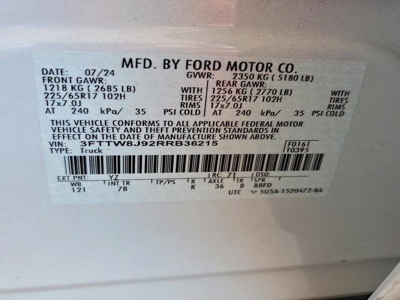 2024 Ford Maverick მანქანა იყიდება აუქციონზე, vin: 3FTTW8J92RRB36215, აუქციონის ნომერი: 58071726