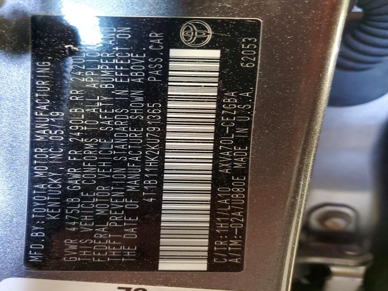 2019 Toyota Camry მანქანა იყიდება აუქციონზე, vin: 4T1B11HK2KU791365, აუქციონის ნომერი: 55909136