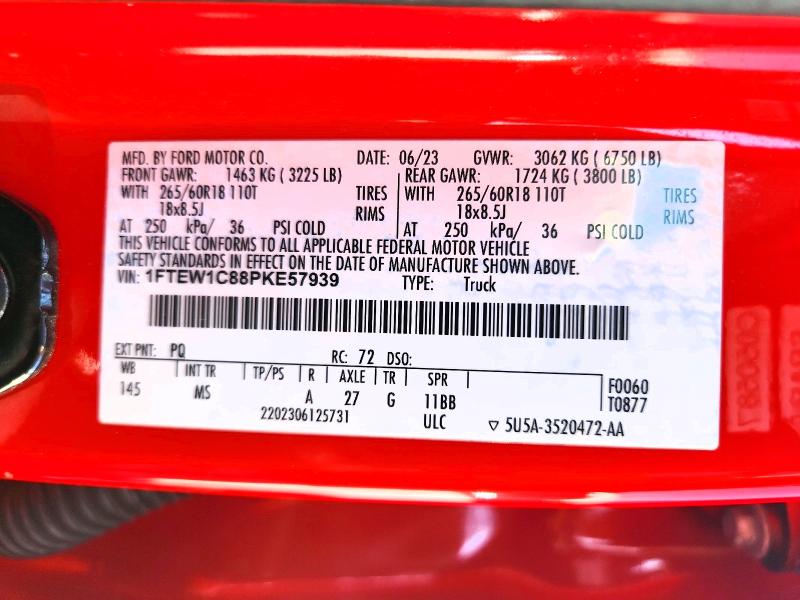 2023 Ford F150 მანქანა იყიდება აუქციონზე, vin: 1FTEW1C88PKE57939, აუქციონის ნომერი: 56153726