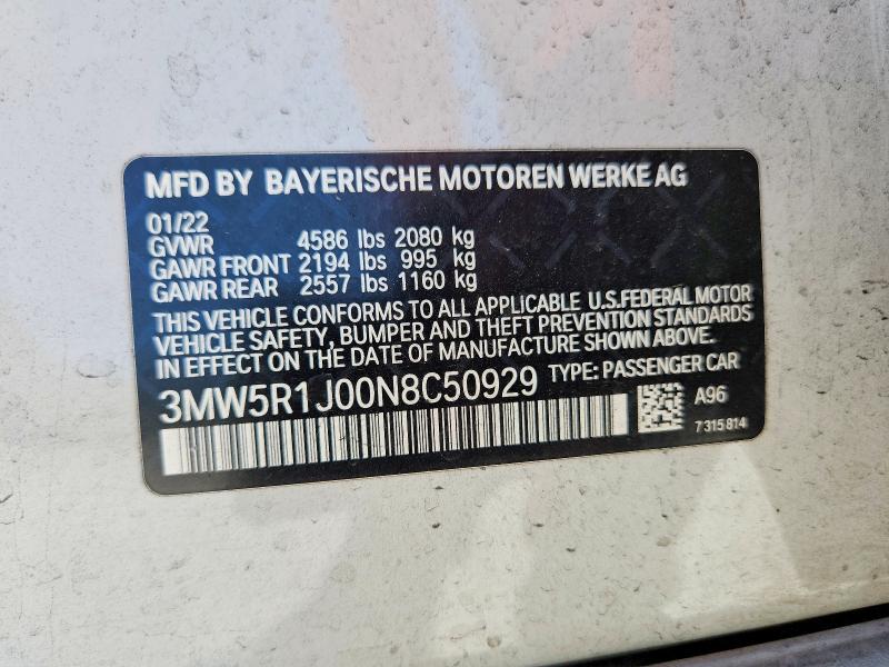 Продажа на аукционе авто 2022 Bmw 330i, vin: 3MW5R1J00N8C50929, номер лота: 56632466