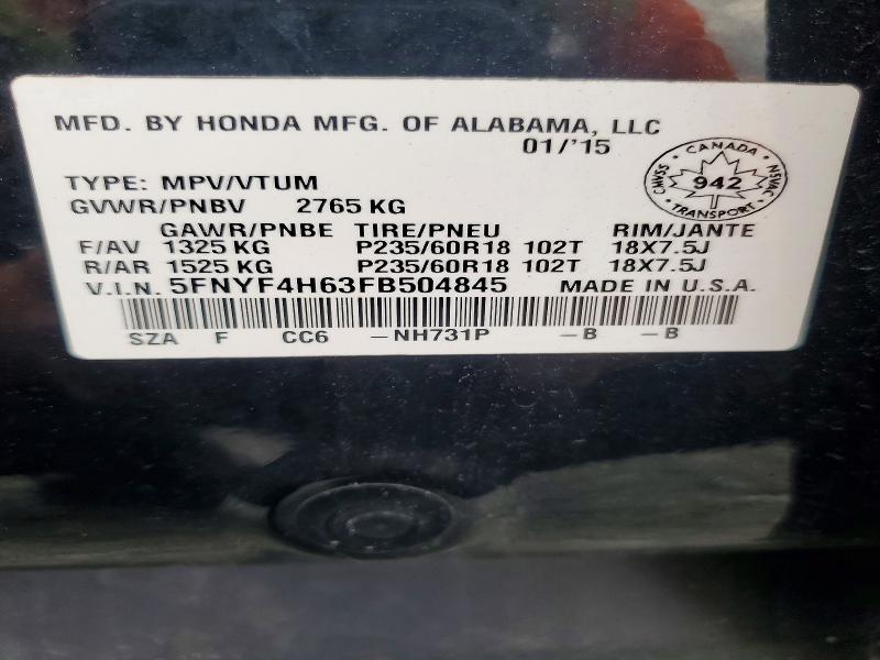 Продаж на аукціоні авто 2015 Honda Pilot, vin: 5FNYF4H63FB504845, номер лоту: 57877496