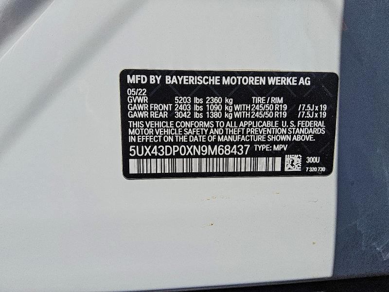 Aukcja sprzedaży 2022 Bmw X3, vin: 5UX43DP0XN9M68437, numer aukcji: 58419366