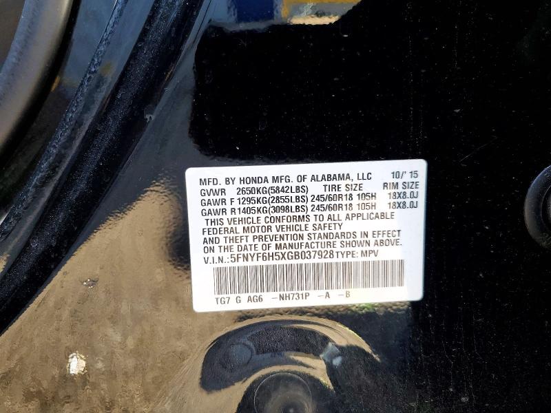 2016 Honda Pilot მანქანა იყიდება აუქციონზე, vin: 5FNYF6H5XGB037928, აუქციონის ნომერი: 85986255