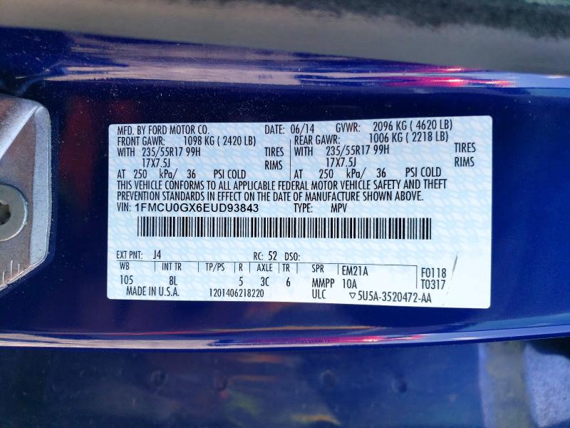 2014 Ford Escape მანქანა იყიდება აუქციონზე, vin: 1FMCU0GX6EUD93843, აუქციონის ნომერი: 55956136