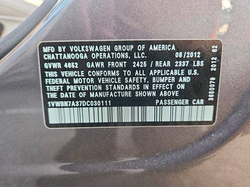 58240606 :رقم المزاد ، 1VWBN7A37DC030111 vin ، 2013 Volkswagen Passat مزاد بيع