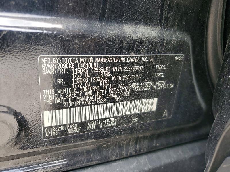Aukcja sprzedaży 2022 Toyota Rav4, vin: 2T3P1RFVXNC274538, numer aukcji: 55711596