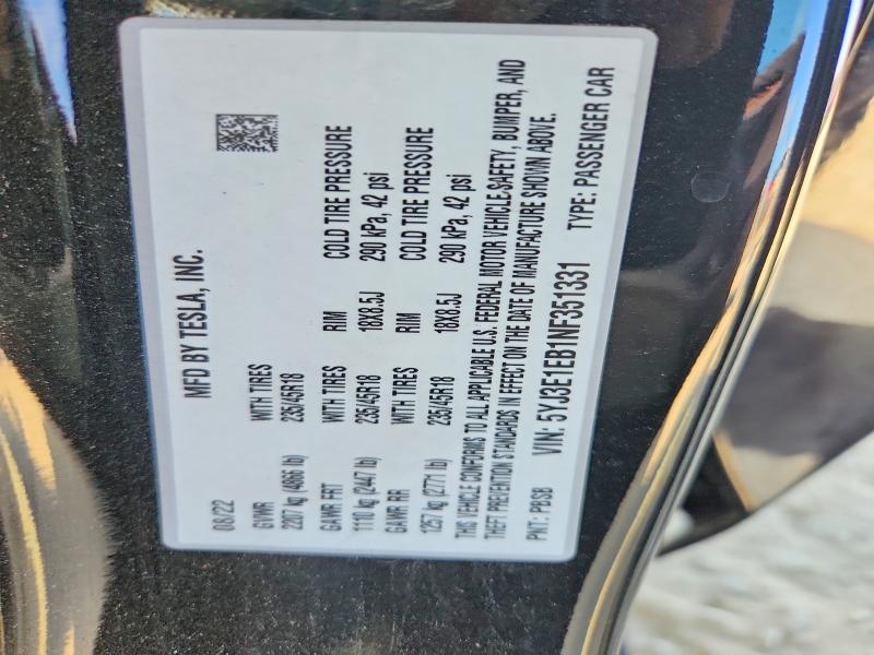 Aukcja sprzedaży 2022 Tesla Model 3, vin: 5YJ3E1EB1NF351331, numer aukcji: 57378236