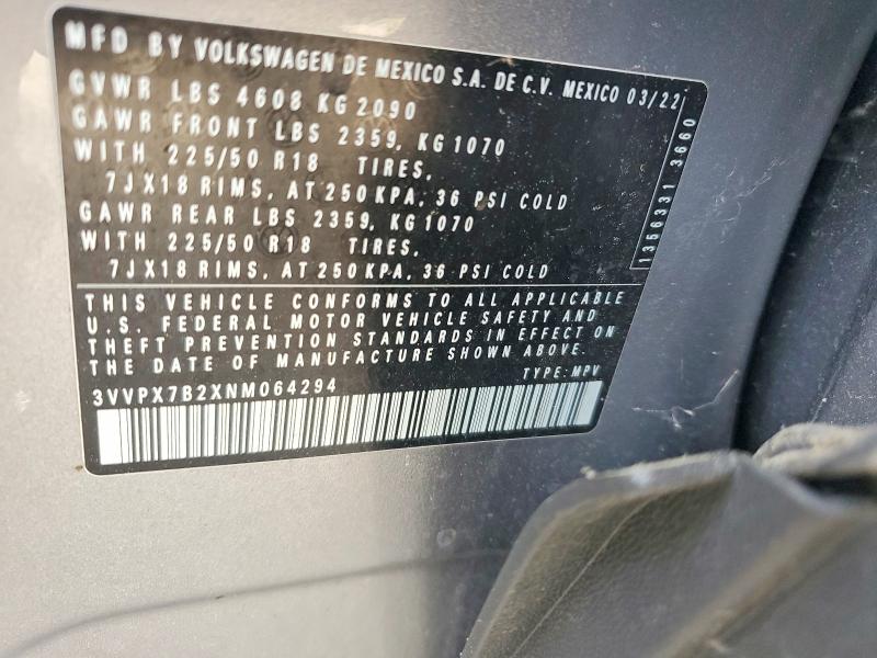 56902476 :رقم المزاد ، 3VVPX7B2XNM064294 vin ، 2022 Volkswagen Taos مزاد بيع