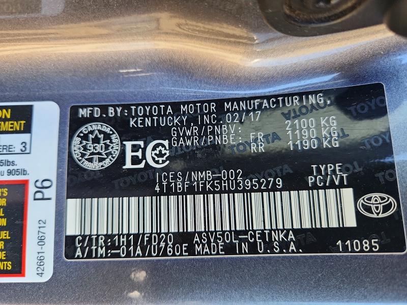 Продажа на аукционе авто 2017 Toyota Camry, vin: 4T1BF1FK5HU395279, номер лота: 58770816