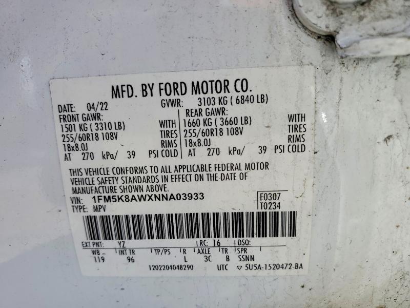 2022 Ford Explorer მანქანა იყიდება აუქციონზე, vin: 1FM5K8AWXNNA03933, აუქციონის ნომერი: 56514206