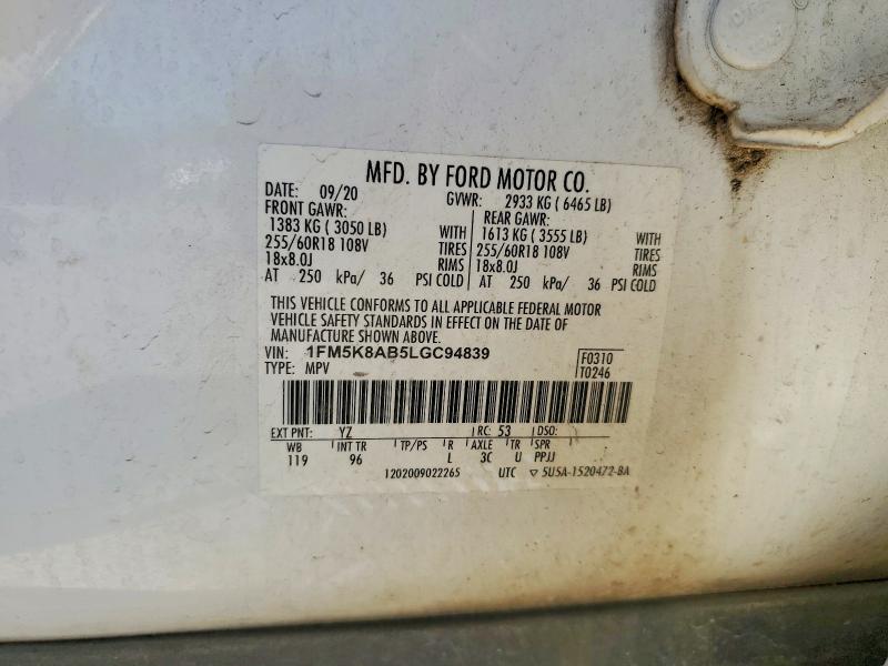 2020 Ford Explorer მანქანა იყიდება აუქციონზე, vin: 1FM5K8AB5LGC94839, აუქციონის ნომერი: 55894276