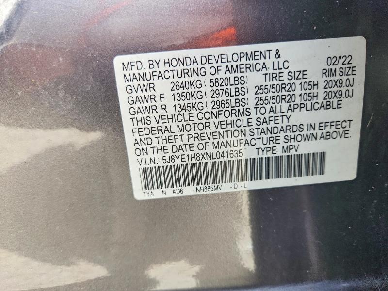 54817616 :رقم المزاد ، 5J8YE1H8XNL041635 vin ، 2022 Acura Mdx مزاد بيع