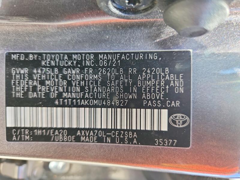 Aukcja sprzedaży 2021 Toyota Camry, vin: 4T1T11AK0MU484827, numer aukcji: 56282776