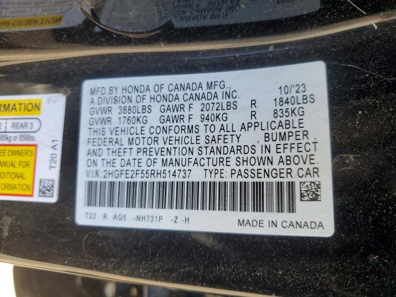 55084836 :رقم المزاد ، 2HGFE2F55RH514737 vin ، 2024 Honda Civic مزاد بيع