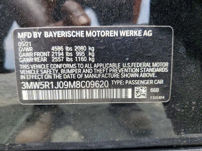 2021 Bmw 330i მანქანა იყიდება აუქციონზე, vin: 3MW5R1J09M8C09620, აუქციონის ნომერი: 57373086