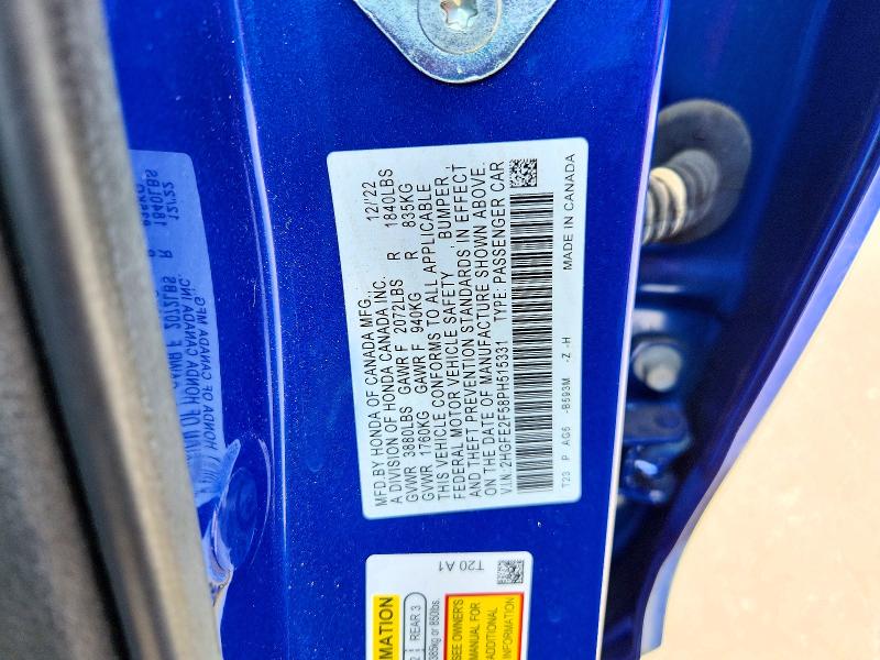 Продажа на аукционе авто 2023 Honda Civic, vin: 2HGFE2F58PH515331, номер лота: 57237266