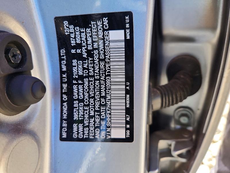 Продаж на аукціоні авто 2021 Honda Civic, vin: SHHFK7H47MU210993, номер лоту: 55845686