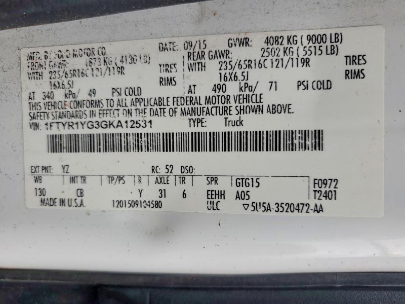 58078576 :رقم المزاد ، 1FTYR1YG3GKA12531 vin ، 2016 Ford Transit مزاد بيع