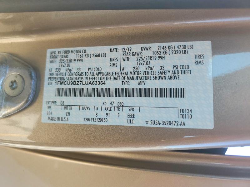 54950186 :رقم المزاد ، 1FMCU9BZ7LUA63364 vin ، 2020 Ford Escape مزاد بيع
