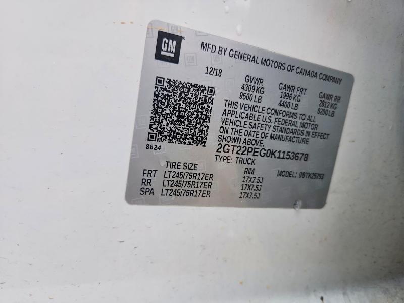 2019 Gmc Sierra მანქანა იყიდება აუქციონზე, vin: 2GT22PEG0K1153678, აუქციონის ნომერი: 57732226